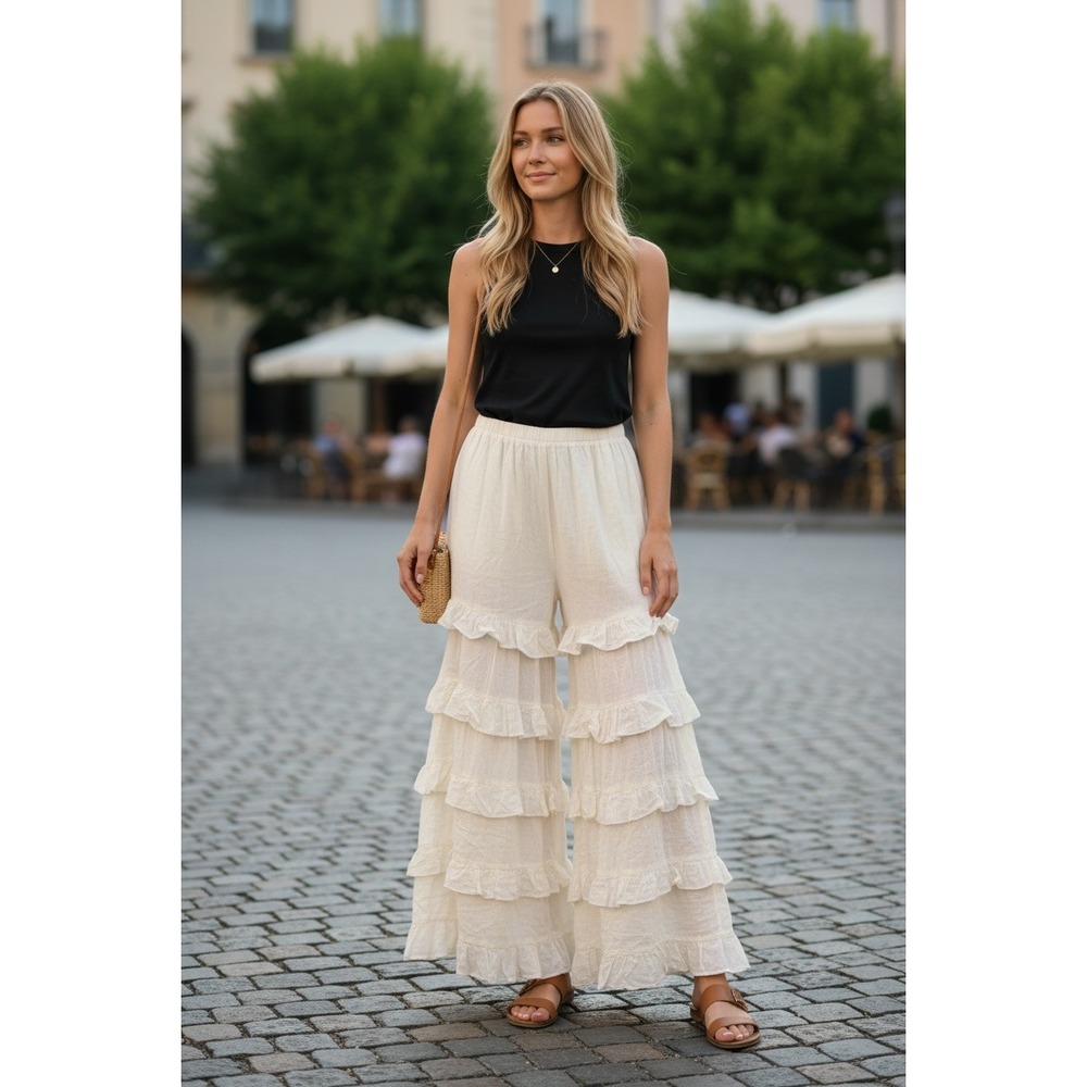 Unbranded New Tiered Ruffle Pants One Size Ivory‎ Boho Cotton Gauze Wide Leg